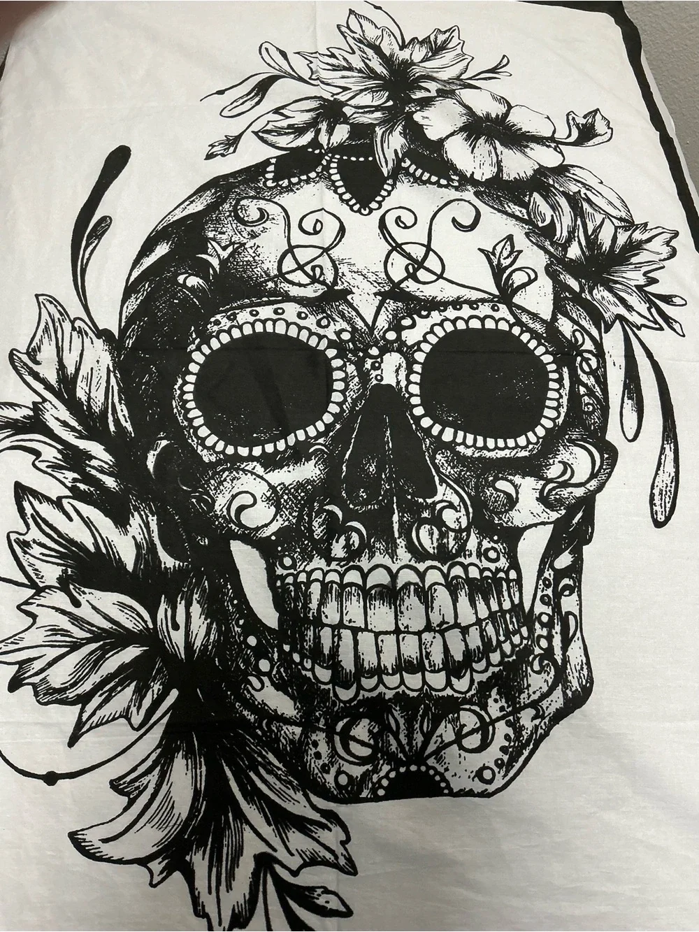 Vintage sugar skull tapestry black white floral cotton wall hanging 46x30 boho